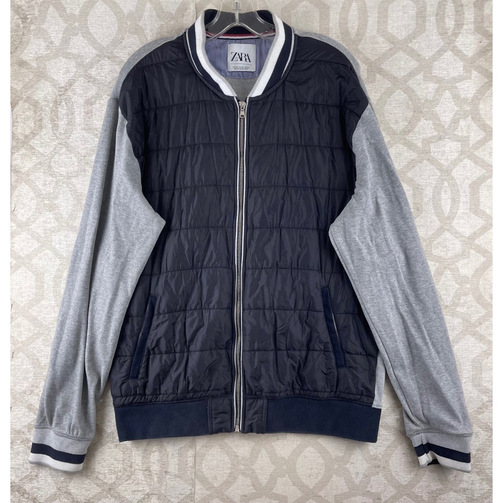 Zara Hybrid Puffer Jacket Mens XL Black‎ Grey Quilted Jersey Zip Up